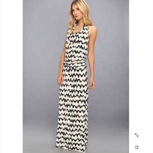 TART Ivory/Black zig zag cowl halter maxi dress LARGE